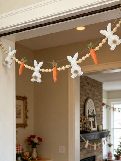 1pc Easter Bunny Carrot Vine Decor - Wooden Bead Bunny Hanging Flag; Easter Atmosphere Decor Hanging Ornament, Easter Souvenir Hanging Decoration, Easter Tabletop Center Decor, Easter Desktop Decor, Easter Fireplace Hanging Arrangement, Easter Wall Decor, Easter Door Hanging, Easter Party Home Decor