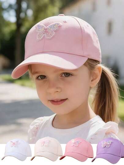 1pc Kids Girls Rhinestone Butterfly Decor Sun Visor Baseball Cap, Versatile For Spring, Summer, Autumn Outdoor Wear