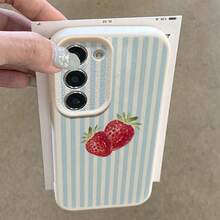 1个TPU材质浅蓝色条纹草莓图案时尚手机壳，兼容三星/A05s/A12/A13/A14/4G/A15/A21s/A23/A25/A32/5G/A34/A35/A50s/A51/A52/A53/A54/A55/A71/A72/A73/S10/S20FE/S20Ultra/S21Ultra/S22/S22Plus/S23/S24、红米10C/12C/Note10/11/12/13/ProPlus/Note8/9Pro，全包防震软壳保护套 - 白色 - 查看 4