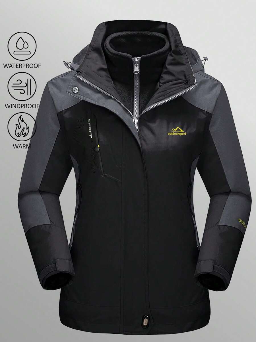 KEFITEVD 女式三合一冬季外套雪地滑雪夹克防水防风羊毛衬里冬季夹克派克大衣滑雪服 - 黑色配灰色 - 查看 1