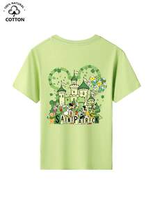 This Short-Sleeved T-Shirt Is A Special St. Patrick's Day Gift For Girls Aged 4–12. It Features A Print Of Disney Mickey, Minnie, Donald, Goofy, And Other Cartoon Characters. The Crew Neck Style Is Accented With Clover And Castle Heart Patterns, And It Is Crafted From Pure Cotton Fabric. This Soft, Breathable Green Casual Base Layer Pairs Easily With Denim Shorts, Overalls, Pleated Skirts, Sports Skirts, Princess Skirts, And More. Made With Soft, Skin-Friendly, And Breathable Fabric That Blends Comfort And Cuteness, It Is Suitable For Various Occasions Including Disneyland Visits, School Days, Holiday Parties, Family Outings, Matching Outfits With Friends, Weekend Shopping, And Picnics. It Is An Essential Spring And Summer Top For Girls, Ideal For Creating Festive Looks And Versatile Everyday Styles. - Matcha xanh - Xem 5