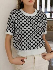 Knit Mix 优雅女士针织上衣，别致法式风格，通勤通勤针织衫，花卉图案，撞色短袖上衣，适合春夏穿着，简约复古返校季、圣诞节、感恩节和新年休闲假日装扮。 - 白色 - 查看 8