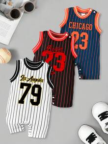 Purechapter 3pcs/Set Summer Casual Sports Breathable Striped Vest, Bodysuit & Pants Set For Infant Boys/Girls, 1-18 Months, Variety Of Printed Patterns, Round Neck & Button Design, Convenient Wear, Suitable For Daily Outfit, Outdoor Activities, Holiday Gift - Multicolor - View 1