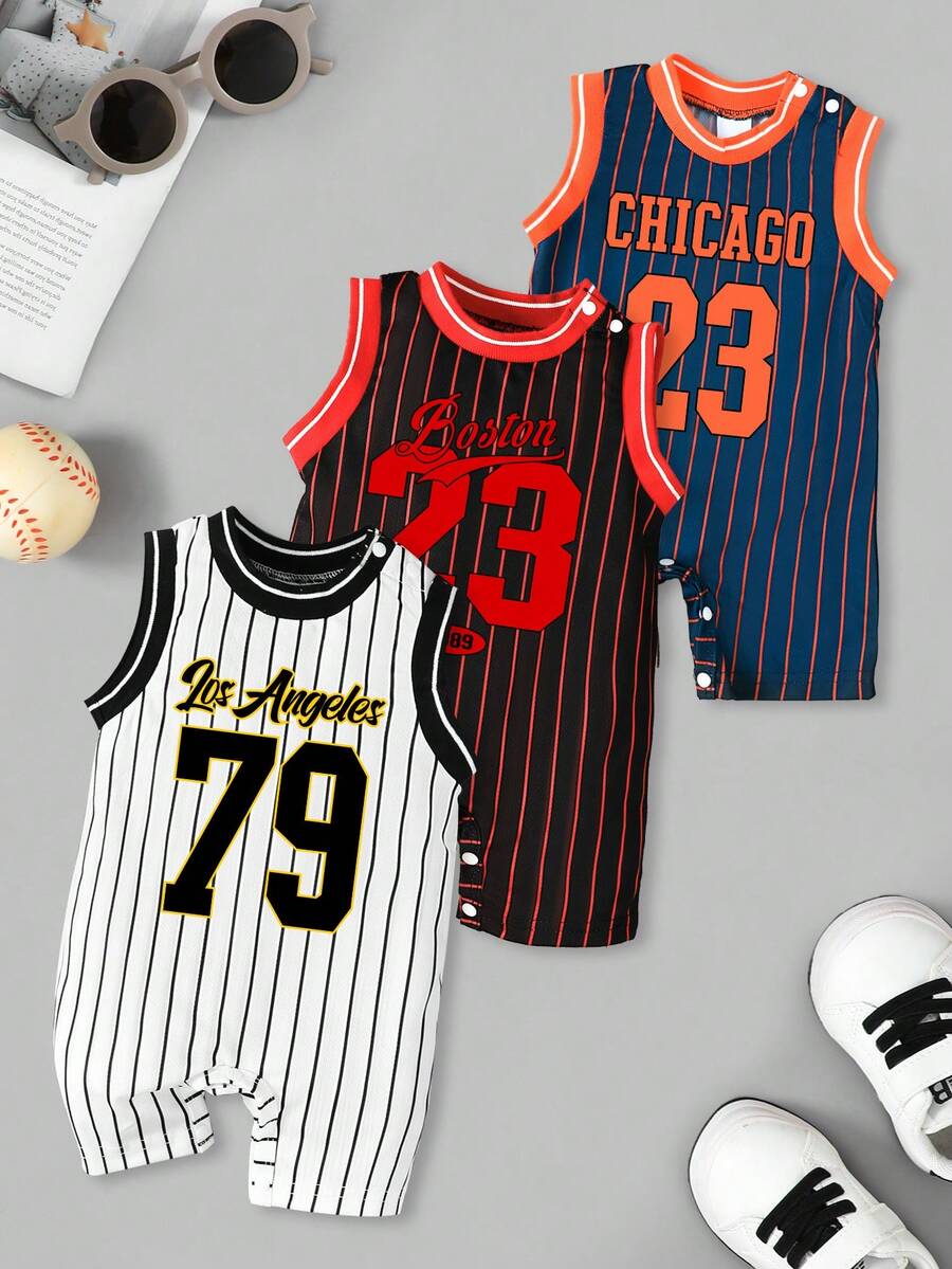 Purechapter 3pcs/Set Summer Casual Sports Breathable Striped Vest, Bodysuit & Pants Set For Infant Boys/Girls, 1-18 Months, Variety Of Printed Patterns, Round Neck & Button Design, Convenient Wear, Suitable For Daily Outfit, Outdoor Activities, Holiday Gift - Multicolor - View 1