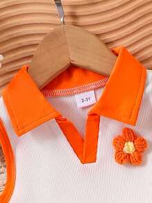 2pcs Young Girl 3D Floral Knit Colorblock Polo Top And Denim Ruffle Skort Set, Summer - Orange - View 4