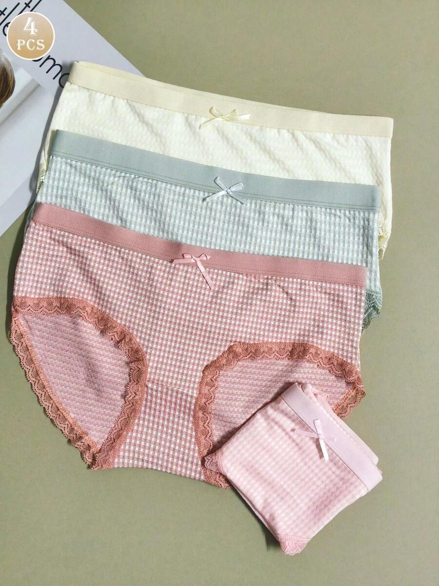4pcs/Set Women Lace Bow Mesh Low Waist Briefs - Multicolor - View 1