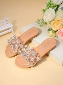 1 Pair Girls' Nude Transparent Sandals With Rainbow Diamond Decor, Open Toe Flat, Comfortable Sparkling, Sweet And Ethereal, Suitable For Summer Street Wear - Clear - View 4