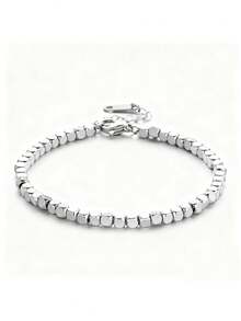 RAYQUEEN 1pc Stainless Steel Square Beaded Fashionable Gold-Color Personalized Bracelet For Women, Suitable As Gift - Anklets - View 5