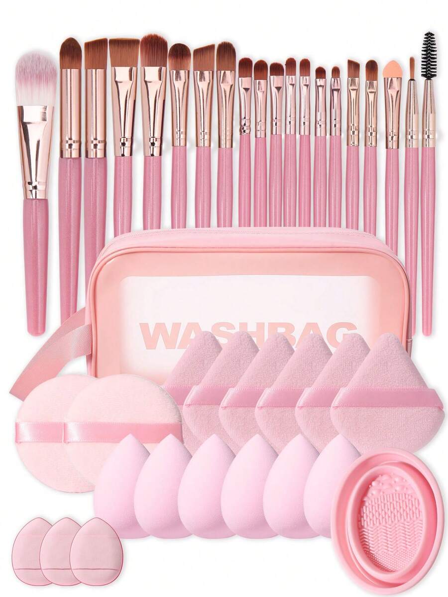 39PCS Makeup Tools Set Including:20PCS Makeup Brush Set+1pc Multi-Functional Zipper Toiletry And Cosmetic Bag Waterproof+2PCS Circular Powder Puffs+6PCS Triangle Powder Puffs+6PCS Makeup Sponges+3PCS Mini Air Cushion Powder Puffs+1pc Makeup Brush Cleaning Tools,All-In-One & Beginner-Friendly | Travel-Ready & Gift-Ready | Perfect For Newbies/Her - Multicolor - View 1