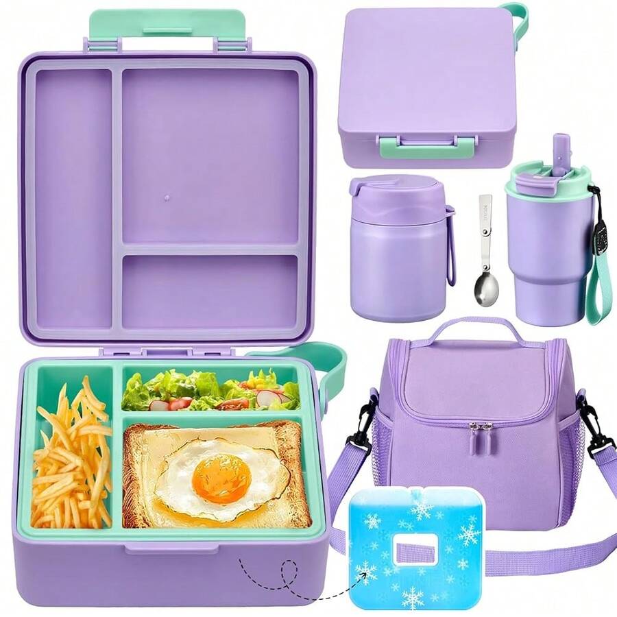 Pawtong Lunch Box Set With Bento Box Container, 17OZ Stainless Steel Food Soup Thermo,  Water Bottle & Portable Insulated Lunch Bag – Leakproof, Hot/Cold Retention For Schoolsss, Travel (Purple) - 紫色 - 查看 1