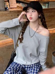 Loose Fit Off-Shoulder Long Sleeve T-Shirt, Casual And Relaxed Style - Grey - View 6