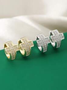 1对金色半镶锆石方形耳环，女士日常佩戴饰品 - 幾何耳環 - 查看 6