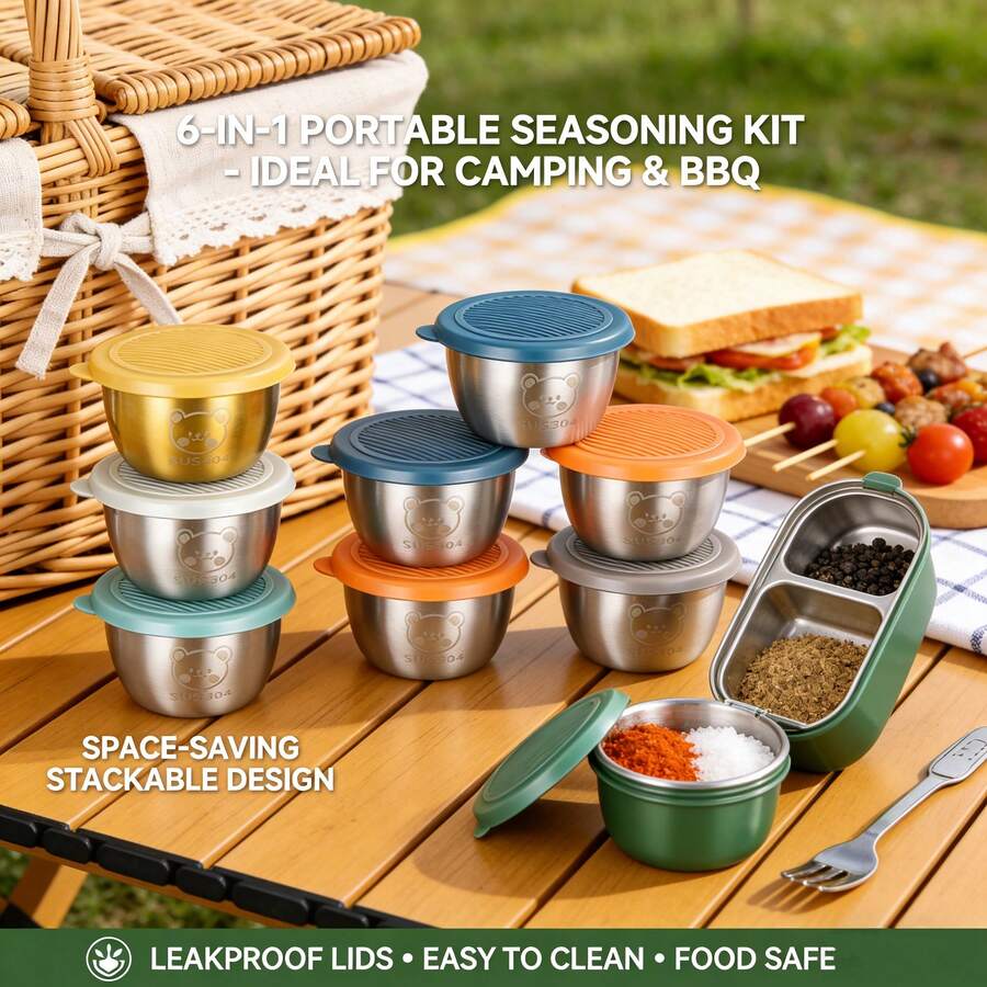 6-Piece Set, Stainless Steel Teddy Bear Sauce Cup With Lid, Reusable Leak Proof Plastic Lid Seasoning Cup, Salad Dressing Container, Barbecue Sauce Seasoning Plate Combination, Cheese Sauce Cup, Creative Tomato Sauce Cup, Kitchen Supplies - 6種不同顏色的醬料杯 - 查看 1