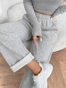 1pc Girls & Teens Versatile Minimalist Casual Streetwear Comfortable Breathable Soft Skin-Friendly Durable Straight Leg Workout Outdoor Running Pants - Light Grey - View 1