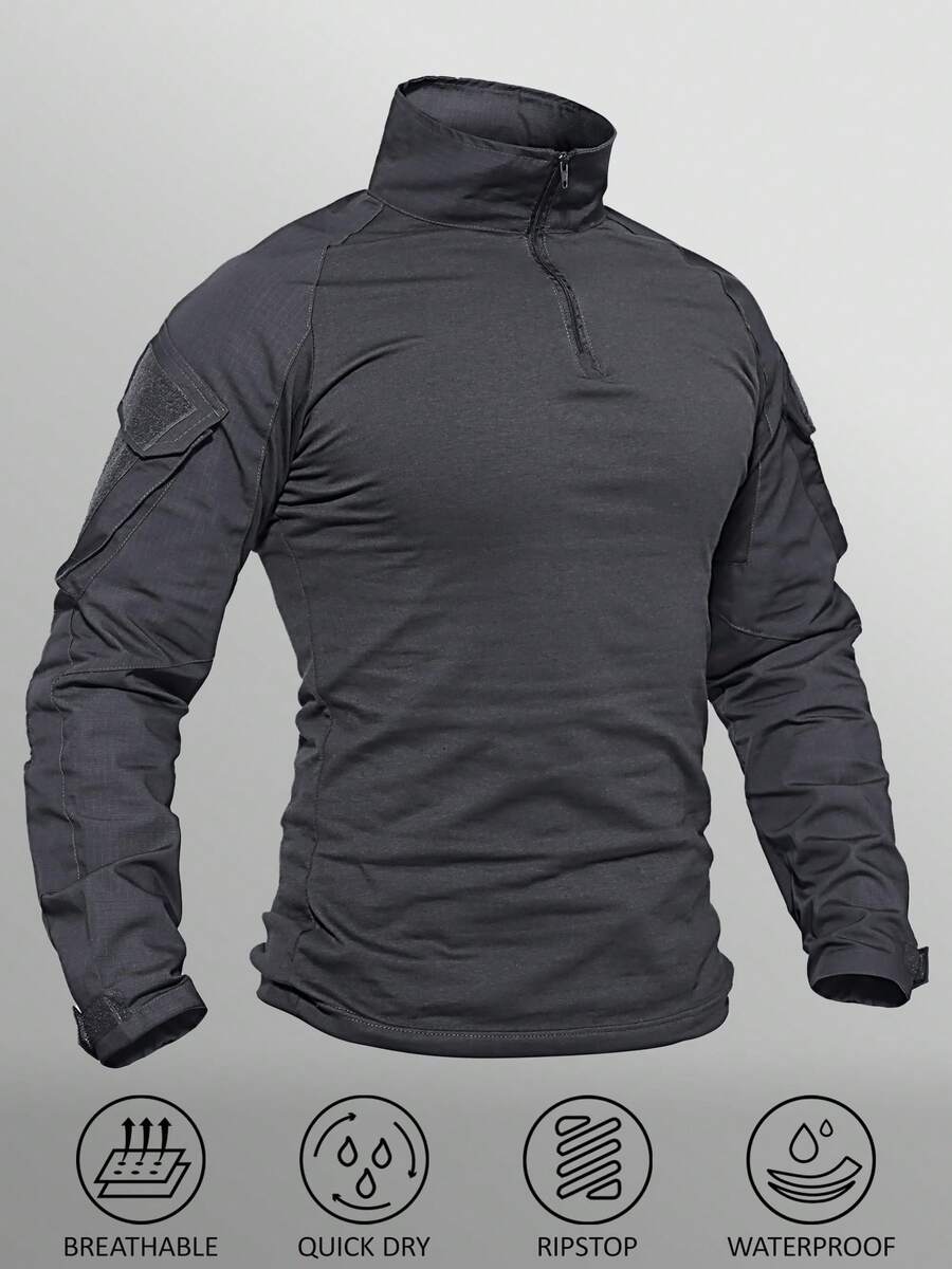 KEFITEVD Men's Tactical Shirt Long Sleeve Combat Shirt 1/4 Zip With Pockets Military Paintball Airsoft Breathable - Xám - Xem 1