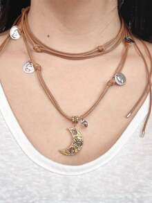 1pc Star & Moon Tassel Geometric Pendant Necklace, Gold Metal & Leather, Elegant Vintage Style For Women, Party, Daily Wear, New Year Gift - Multicolor - View 12