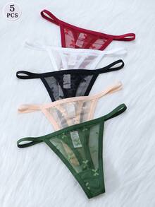 Set de 5 bragas de encaje sexy para mujer, tanga de malla transparente de cintura baja - Multicolor - Ver 8