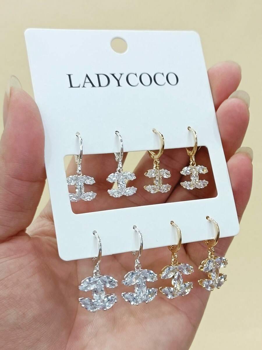 LADYCOCO 4 Pairs Elegant Minimalist Luxury High-End Copper Inlaid Cubic Zirconia Pendant Earrings, Suitable For Women's Daily Wear, Earring Set