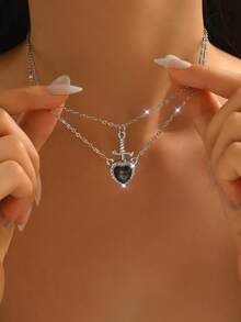 2pcs Best Friend/Couple Creative Elegant Crossed Heart Rhinestone Pendant Necklace, Suitable For Holidays, Anniversaries, Birthdays, Gift For Sisters, Girlfriends - Black - View 8