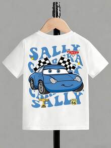 Disney Cars Movie Sally Carrera Front & Back Print Boys' T-Shirt, American Vintage Style Cotton Crew Neck Short-Sleeve, Versatile Top For Kids - White - View 2