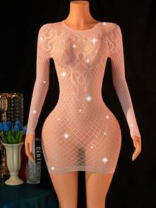 Women's Sexy Lingerie Seductive Mesh Rhinestone Dress Back Cutout See - Through Mini Dress Club Party Intimate Lingerie - Pink - View 1