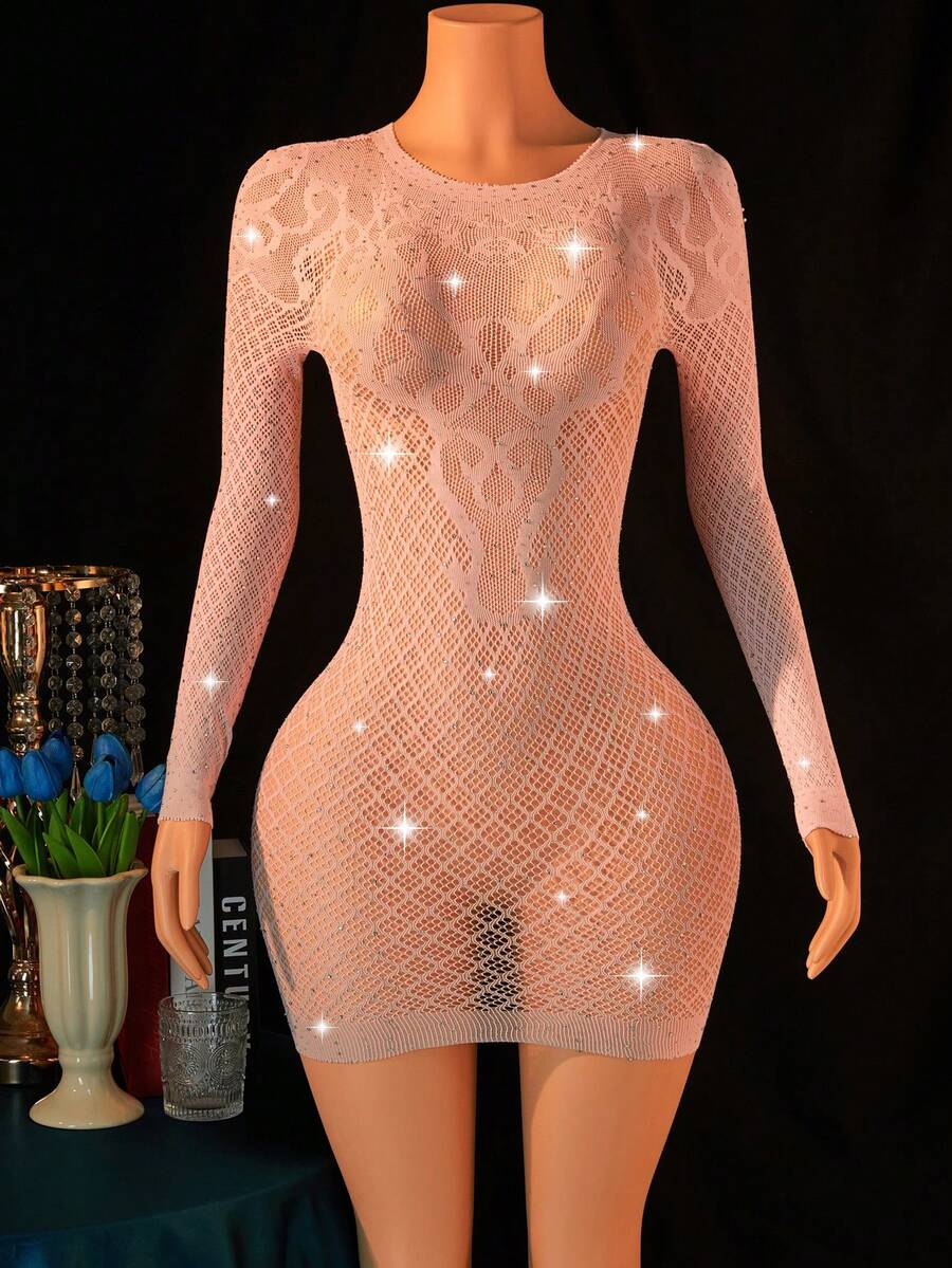 Women's Sexy Lingerie Seductive Mesh Rhinestone Dress Back Cutout See - Through Mini Dress Club Party Intimate Lingerie - Pink - View 1