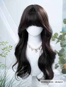 1 Synthetic Heat-Resistant Wig, Black Long Rolled Wig With Bangs, 28 Feet Long, Made Of Fiber, Suitable For Daily Use, Natural Simulation Wig - Black - View 5