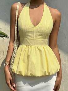 阳光少女风夏季女士Y2K性感纯粹欲望风格露背无袖吊带背心，飘逸荷叶边下摆，适合街头、通勤和海滩度假 - 黃色 - 查看 3
