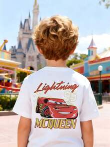 Disney Boys' T-Shirt, Cars Lightning McQueen "95" Cartoon Letter Design Double-Sided Print, Summer Boys' Cotton Crew Neck Short Sleeve, Suitable For Everyday Wear, Holidays, Outdoor Activities, And As A Gift For Children. - White - View 2