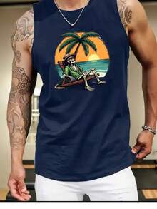 Men's Tank Top With Tropical Skull Print – Premium Casual Style - 藏蓝色 - 查看 2