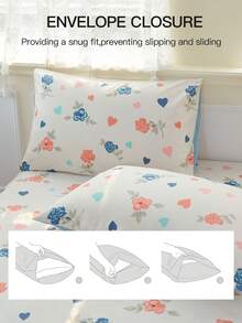 情人节玫瑰爱心印花被套套装（2/3件），包含1件被套和1/2件枕套（不含被芯），柔软透气，时尚卧室/宿舍必备，可机洗，通过Oeko-Tex认证 - 彩色 - 查看 7