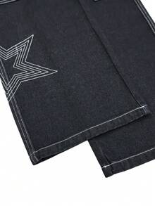 Men's Loose Star Embroidery Cargo Jeans, Streetwear Style Denim Pants - Black - View 10