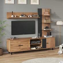 Wall-Mounted TV Unit, 187.5 X 40 X 167 Cm, With Display Cabinet, Multimedia Unit Including A TV Stand And Shelf, Living Room TV Furniture Set With 3 Cupboards, Open Shelves, Modular Wall Unit, Compatible With TVs Up To 80 Inches, Wood And Black Finish - Black + Natural Wood Color - View 3