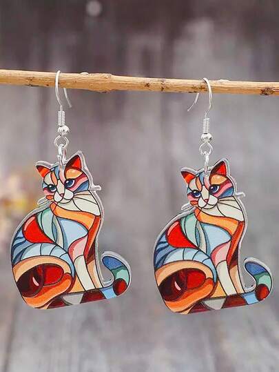 Vintage Bohemian Style Cat Pendant Earrings - Elegant Acrylic Double-Sided Design, Stainless Steel Earring Hooks, No Plating - Fashionable Decorative Dangle Earrings, Suitable For Women's Daily Wear And Gift