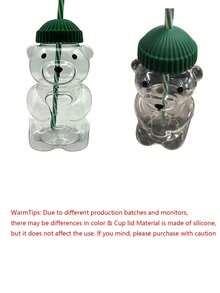 可爱小熊吸管杯，带盖和吸管 | 塑料材质，可重复使用，蜂蜜熊造型，可爱小熊马克杯，适合盛装冷热饮品、咖啡、葡萄酒、果汁、奶昔、珍珠奶茶，生日礼物，美观大方，派对饮具，情人节礼物，新年礼物，精致创意礼物，斋月礼物（糖果条纹） - 彩色 - 查看 12