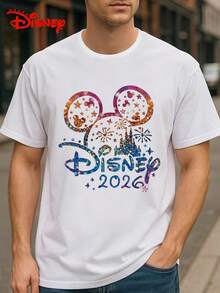Disney 2026卡通城堡和老鼠印花宽松短袖T恤，圆领，休闲日常穿着，易护理面料，时尚休闲男士T恤 - 白色 - 查看 3