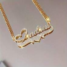 Customized Sparkling Matte Name Necklace Classic Retro Stainless Steel Men's Cuban Chain Thick Chain Pendant Charm Personalized Heart Letter Couple Necklace Wedding Jewelry Thanksgiving Christmas Gift For Father And Mother - Nhiều màu - Xem 4