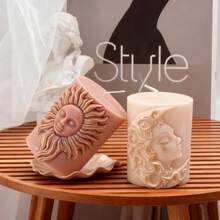 [Geometric Cylinder Theme]-3D Relief Sun Moon Face Cylinder Candle Silicone Mold Moon Flower Pattern Pillar Epoxy Resin Aroma Plaster Candle Making Tool-Aesthetic Candle Mold-DIY Aromatherapy Plaster Mold - A-White - View 9