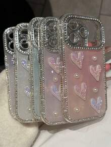 Luxury 3D Laser Heart BlingBling Shiny Glitter Lens Protective Phone Case Compatible With IPhone 17 Pro Max 17 Pro 16 Pro Max 17 16 15 Pro Max 14 15 16 Plus 17 Air 11 Cute Sparkling Shockproof Back Cover For Girl Gift - White - View 3