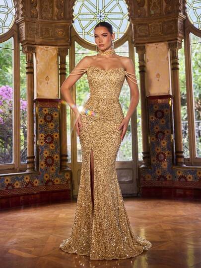 Faeriesty Elegant Sleeveless High Slit Mermaid Hem Long Party Evening Dress, With Detachable Turtleneck, Arm Chain Decor, Suitable For New Year, Valentine's Day, Formal Party, Charity Gala, Wedding