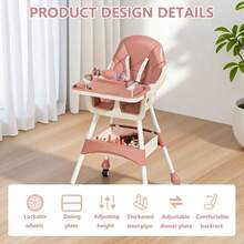 Removable 2-In-1 Baby High Chair, Double Tray Feeding Seat Converts To Low Chair, Portable Design With Locking Wheels And Storage Basket - Pink - View 7
