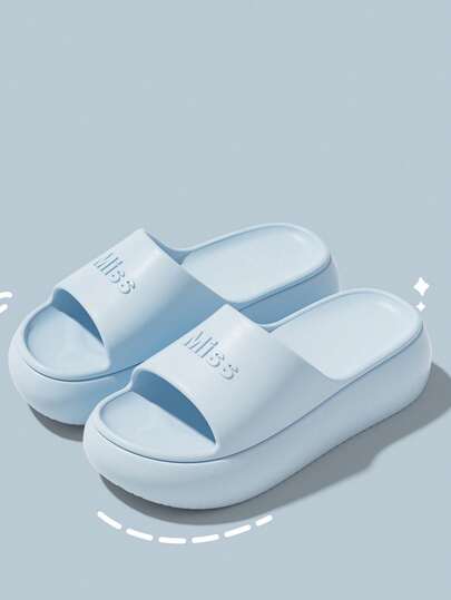Women's Light Blue EVA Thick Sole Open Toe Slip-On Sandals, MISS Letter Decor On Upper, Suitable For Beach Walking And Leisure, Non-Slip Slippers
