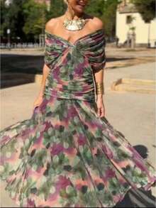 Elegant Floral Dress For Women, Sleeveless Pleated Fitted Dress With A Waistline, Suitable For Daily Casual Wear - 綠色 - 查看 3