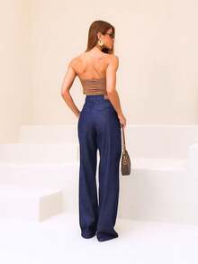 Manon Store Women's Wide Leg Tailored High Waist Elegant Casual Jeans With Zipper, Pocket, Button, For Office, Country Music Concert, Stage And Concert, Night, Travel, Formal And Evening, Autumn/Winter - 深色水洗藍 - 查看 7