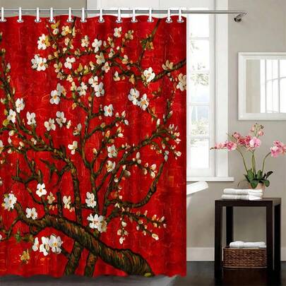1pc Plum Blossom Shower Curtain, Retro Red Printed Shower Curtain, Suitable For Various Room Decorations, Bathroom Partition Shower Curtain, Bathtub Curtain