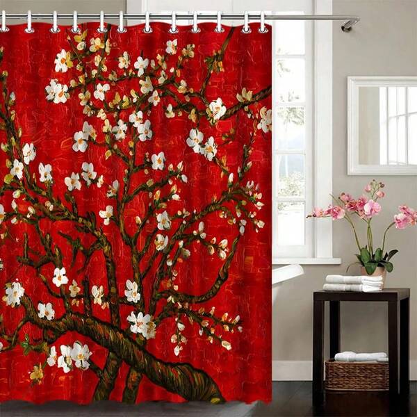 1pc Plum Blossom Shower Curtain, Retro Red Printed Shower Curtain, Suitable For Various Room Decorations, Bathroom Partition Shower Curtain, Bathtub Curtain