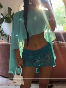 Women Sheer Poncho Tops .Y Y2k Sheer Off Shawls Shrug Summer Beach Wedding Scarf Shawls .Y Cover Up Cape Shirt Beachwear - 藍色 - 查看 3