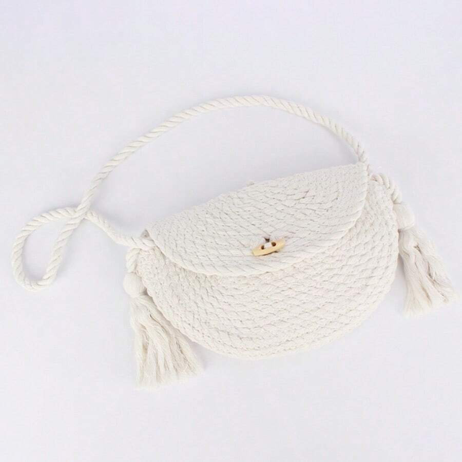 A Woven Cotton Rope Bag With Tassels, A Casual Shoulder Bag For Beach Holidays, A Simple And Versatile, Dumpling-Shaped Women's Bag. - 白色 - 查看 1