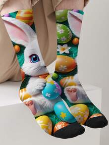 一双印有“兔子、复活节彩蛋”图案的360度复活节主题袜子，男女通用，新奇有趣，时尚耐穿。 - 彩色 - 查看 3
