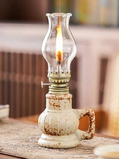 1pc Ceramic Kiln-Fired Glaze Oil Lamp With Handle And Lampshade, Adjustable Wick Camping Fuel Lamp, Indoor Ceramic Oil Lamp Candle Holder, Kerosene Lamp With Wick, Oil Lamp/Hurricane Lamp With Flame Control Knob